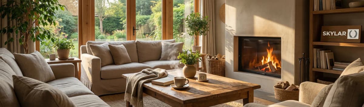 Gemütliches Wohnzimmer mit Kamin - Skylar Immobilien