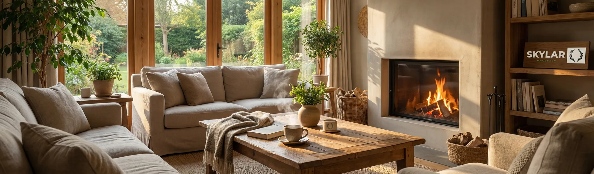 Gemütliches Wohnzimmer mit Kamin - Skylar Immobilien